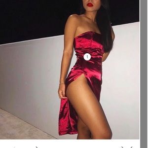 Strapless satin red dress with side split
